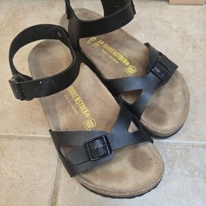 Womens 8-8.5 39 Regular Birkenstock Rio Black Leather Birko Flor Strappy Sandals